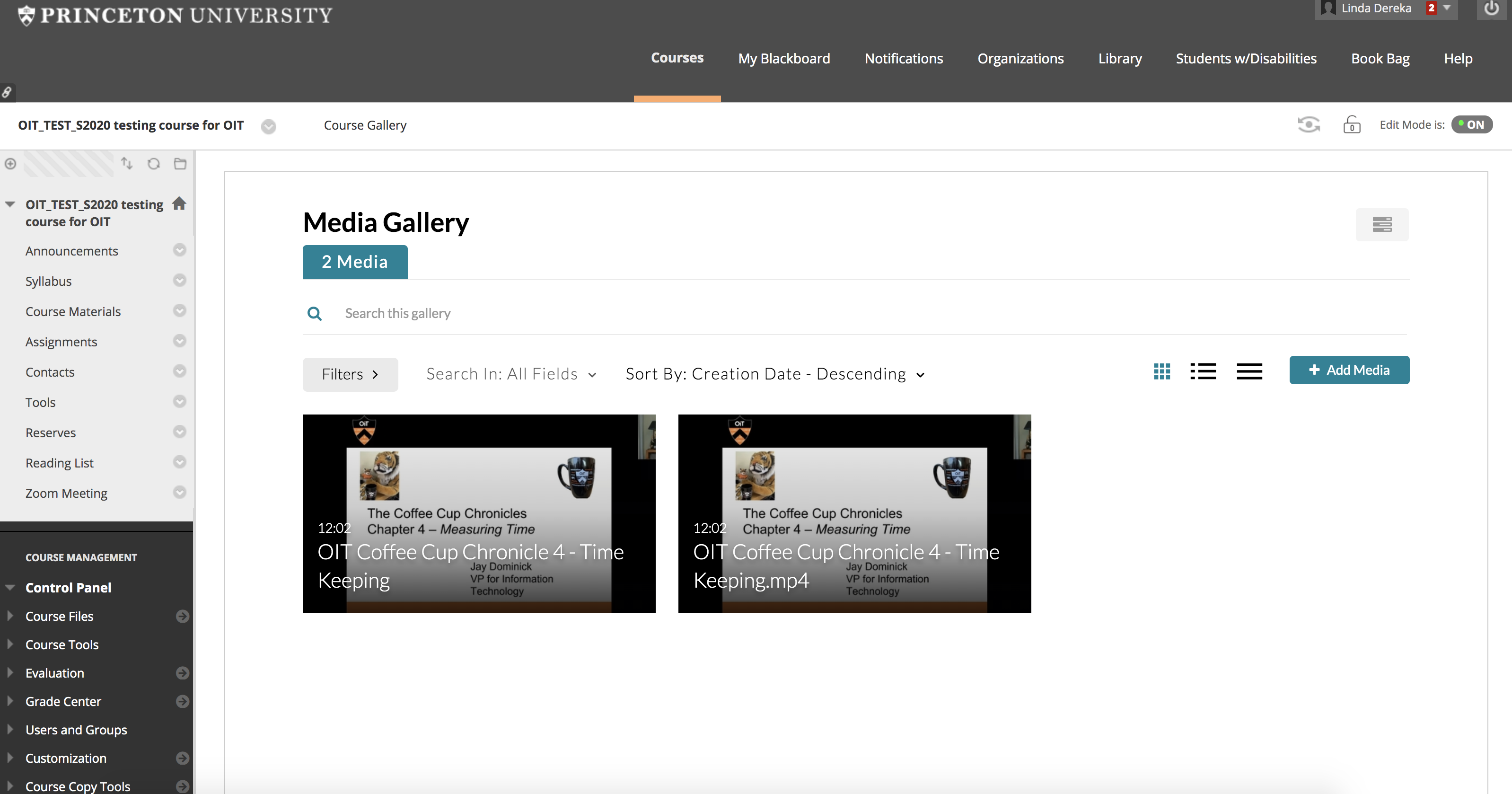 Media Central Media Gallery shown in Blackboard