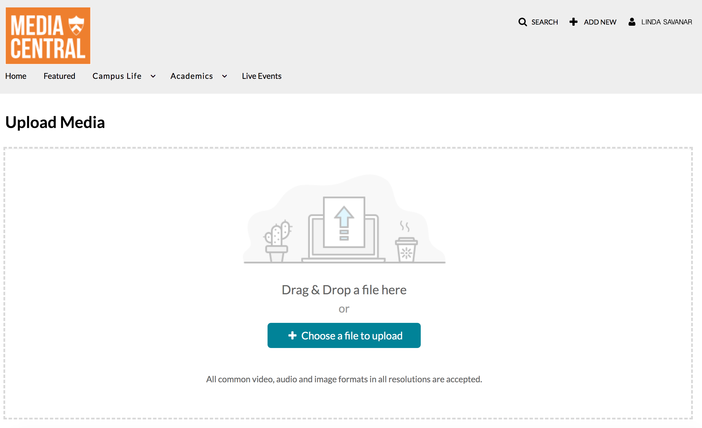 Media Central media gallery with drag-and-drop functionality
