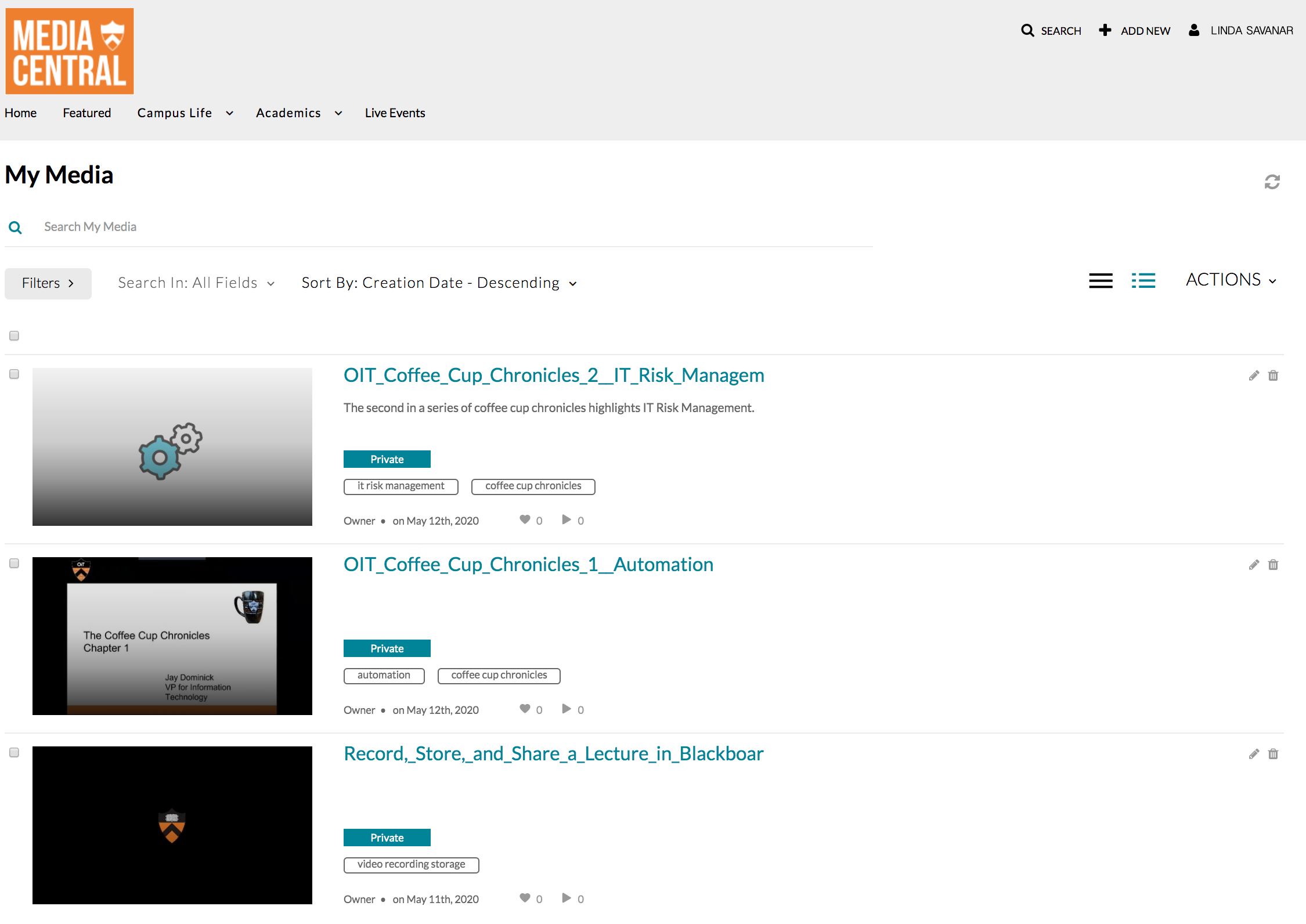 Media Gallery with uploaded videos